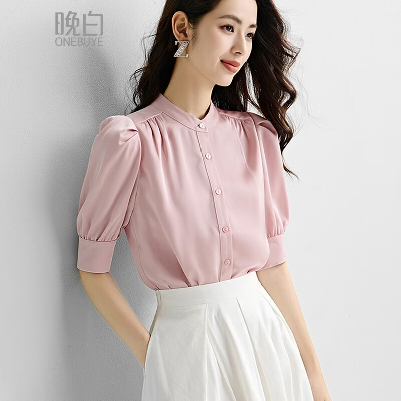 晚白【新品】2026年春款气质立领上衣缎面垂顺干练知性通勤衬衫女 粉色 M