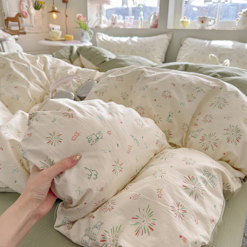 一默四件套2026款A类古法水洗仿棉云感纱被套床单床笠枕套家用四件套 烟花星语 2.0m 床单款 (被套200*230cm) 四件套