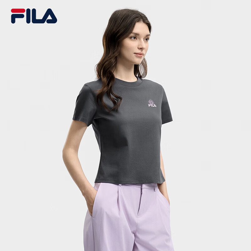 斐乐（FILA）官方女子针织短袖衫2026夏新款休闲修身凉感纯棉短款T恤女 默魅灰-DY M 165/84A/M