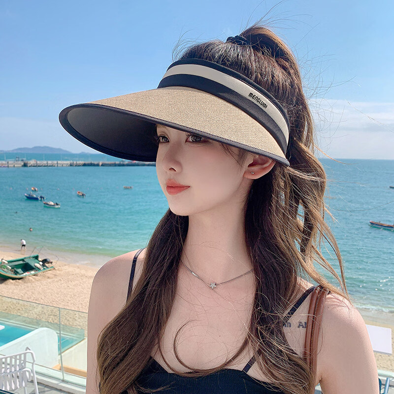 万宝绿户外遮阳草帽2026新款防晒帽子面罩女夏季防紫外线太阳凉帽大帽檐 【冰凉黑胶】卡其黑边款UPF50+