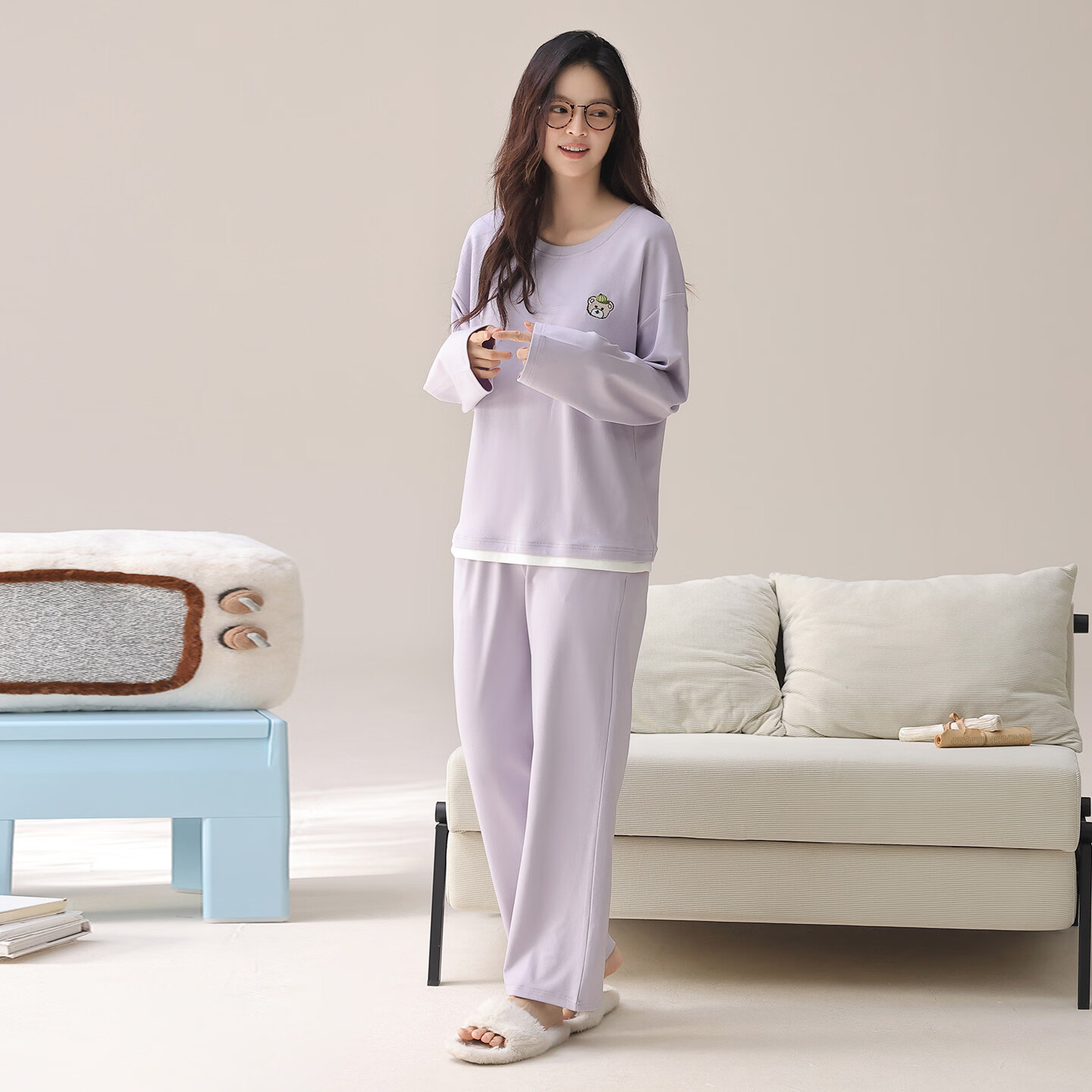 芬腾可安（FENTENGCARE）睡衣女2026年春款纯棉新款休闲宽松长袖长裤家居服套装 紫色 L