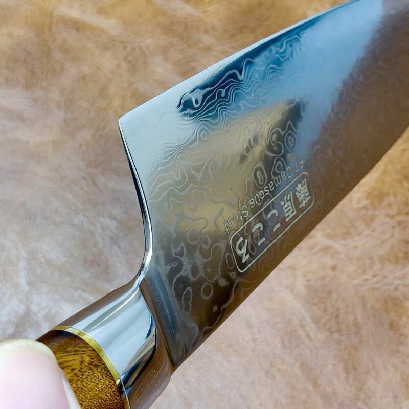 胖东来同款大马士革纹三德刀家用革钢VG10水果刀商用切牛肉刀西餐 银色 60°以上 x 17.5cm x 130mm