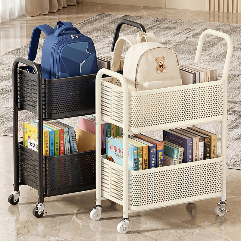 木樽小推车置物架学生用品收纳柜落地可移动书包架多层书本零食储物架 【加高扶手】两层米黄 带贴纸置物架