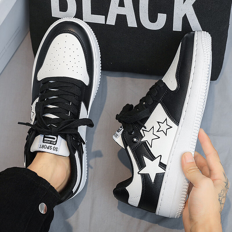 西域骆驼（VANCAMEL）男鞋板鞋男低帮休闲鞋运动鞋轻便百搭鞋子皮面黑白熊猫dunk小白鞋 【官方正品 质量保证】黑色配色 44