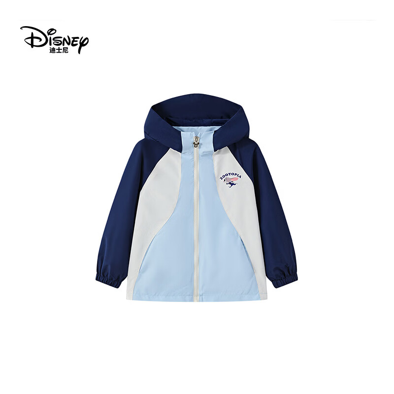 迪士尼(Disney)朱迪女童连帽外套2026春季新款中大童女孩户外拼色休闲运动夹克 蓝色 130 【建议身高125-135cm,体重50-60斤】