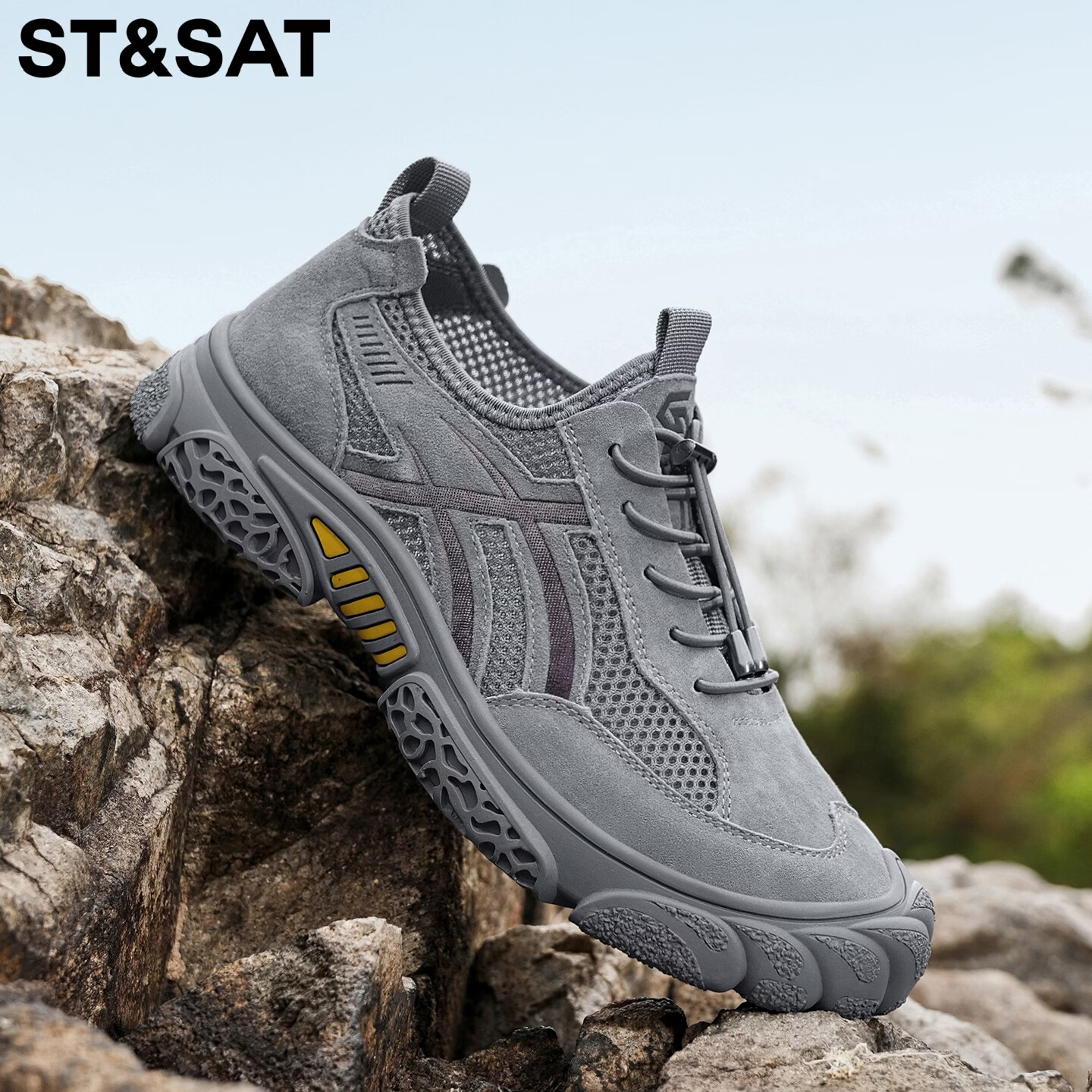 星期六（St&Sat）登山鞋男夏季新款透气网面鞋男免系带户外一脚蹬凉鞋运动飞织鞋男 灰色 44 (270mm) 标准运动鞋尺码