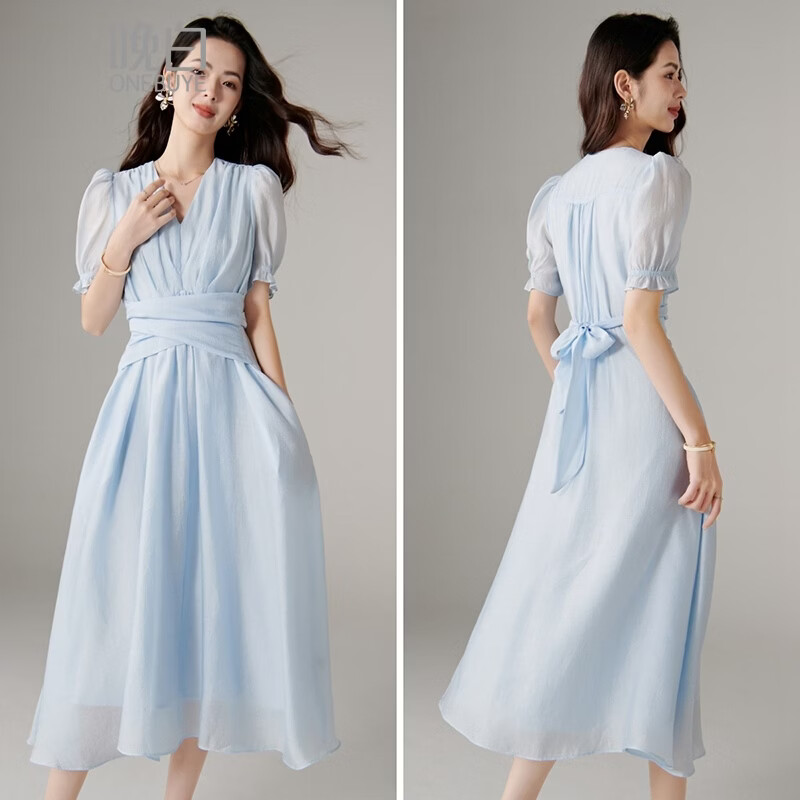 晚白【新品】2026年春款时尚V领裙子亲肤莱赛尔系带收腰连衣裙 天蓝色 S