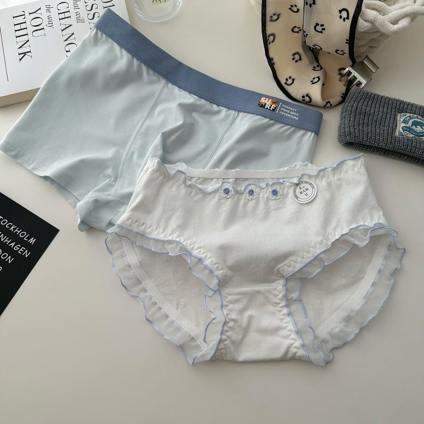 羅亨士情侣内裤纯棉一男一女生双人短裤性感蕾丝边可爱透气舒适平角内裤 刺绣花情侣款 2XL 男+女L码