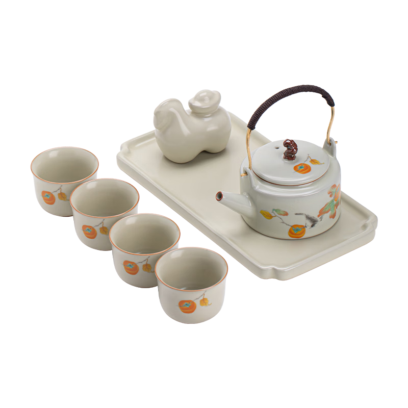 蘇氏陶瓷汝窯開片柿柿如意提梁壺干泡盤配馬上有錢茶寵禮盒組節(jié)日禮物