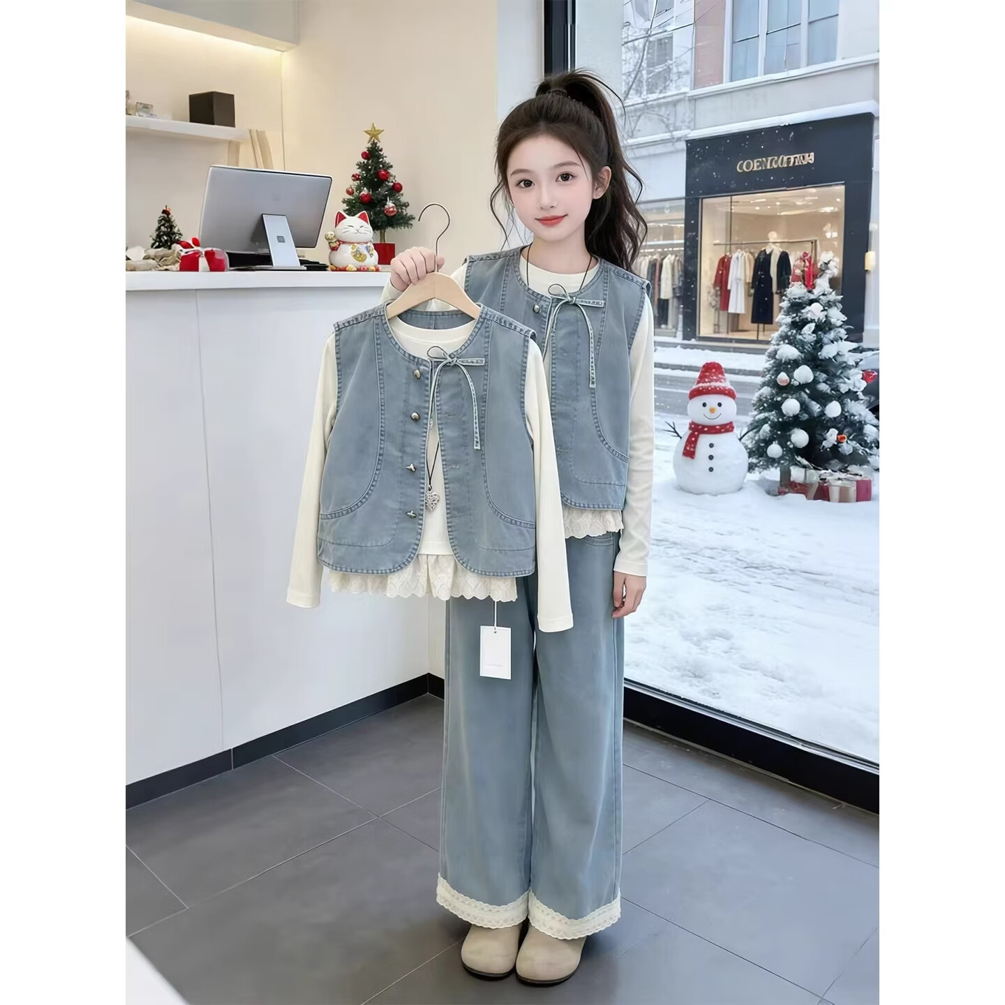 女童牛仔马甲三件套2025新款春秋装女大童洋气休闲蕾丝阔腿裤套装 三件套【马甲+打底衫+裤子】 160