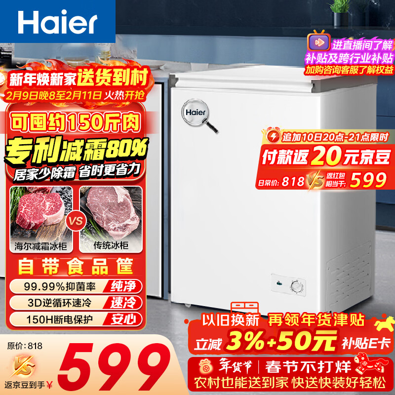 海尔（Haier）100L单温冰柜小型家用小冰柜商用减霜一级能效冷藏冷冻转换深冷冷柜小冰箱BC/BD-100GHW9D国家补贴
