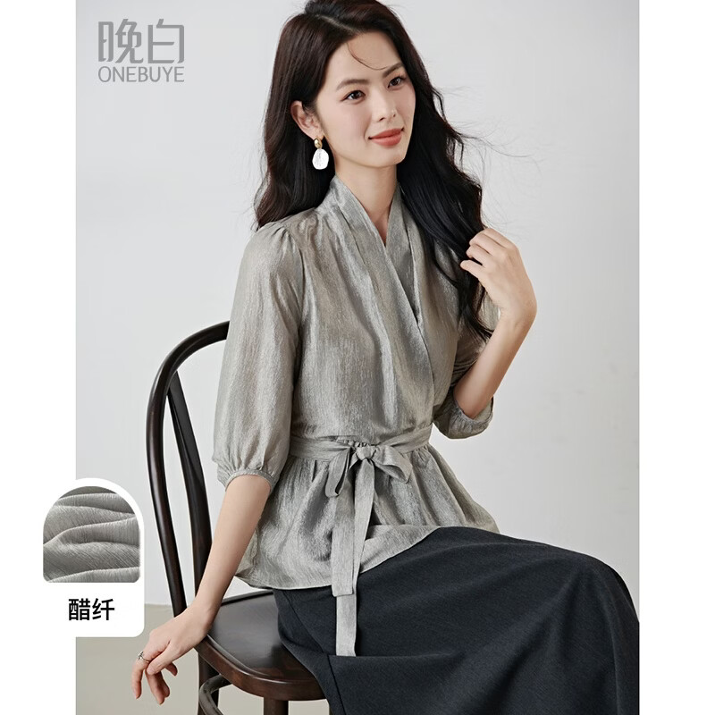 晚白2026春复古优雅宫廷风缎面亮丝醋酸上衣系带收腰遮肉荷叶边衬衫女 银灰色 M