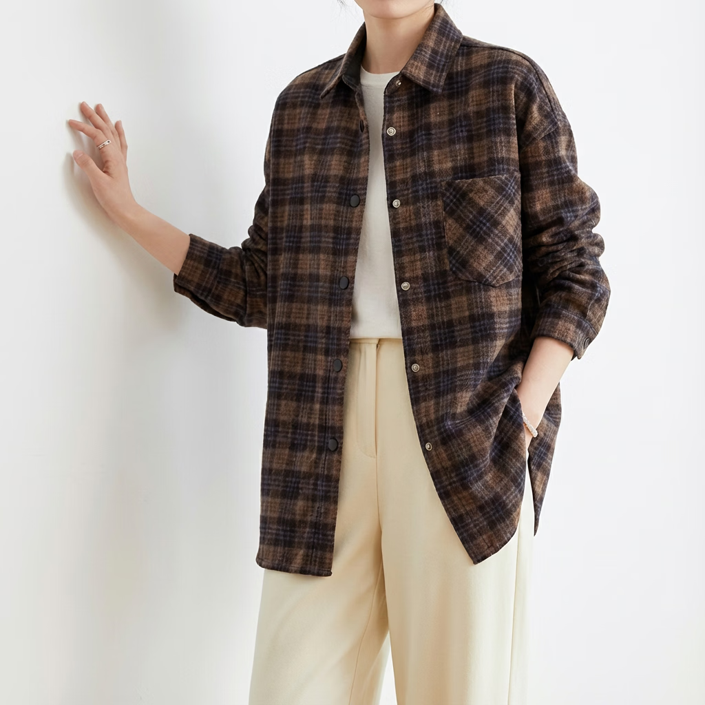 KEFENGE【小敏专属】磨毛加厚格子衬衫男女长袖秋冬装新款保暖加厚511021 咖格色 均码