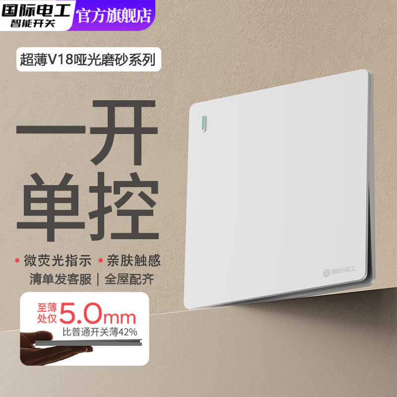 国际电工（FDD）86型超薄开关插座暗装家用一开五孔双控磨砂白色面板二开电源开关 一开单控-哑光白