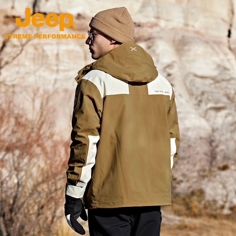 JEEP吉普三合一冲锋衣男户外外出登山服可拆卸防风防雨保暖摇粒绒外套 摩卡棕 XS/160/84B