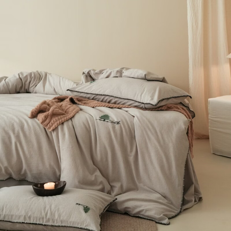 ROLAND LIVE棉麻刺绣四件套全棉亚麻床单被套吸湿透气简约日式高级感床上用品 YYG 棉麻四件套-放青松浅灰 1.5米床 床单款 【被套200*230cm】