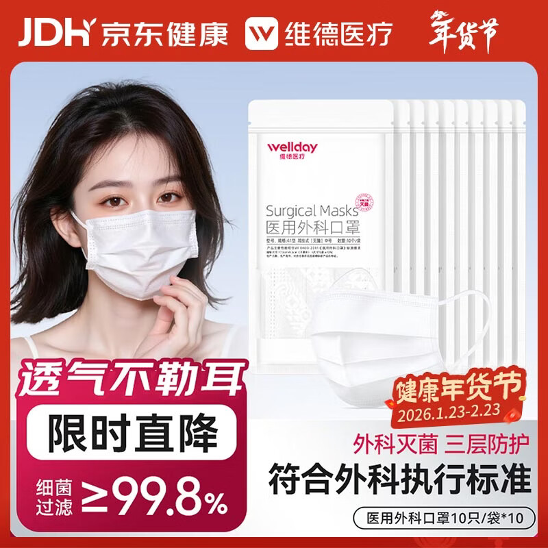 维德（WELLDAY）一次性医用外科口罩挂耳式三层无菌级防病毒细菌秋冬季透气防风 【医用外科灭菌】白色100只