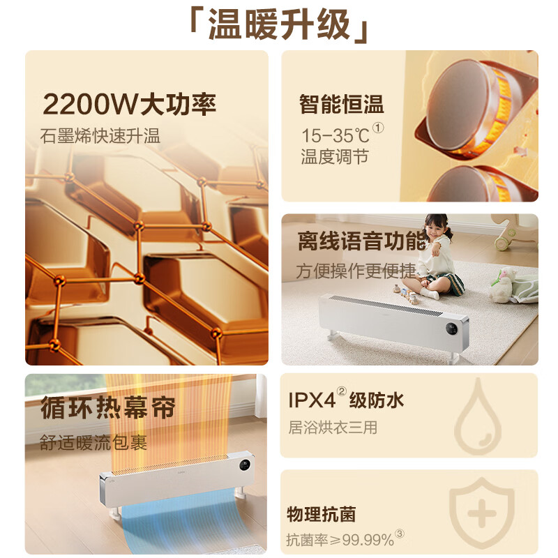 苏泊尔石墨烯踢脚线取暖器电暖气电暖器家用暖气片移动地暖IPX4级防水居浴两用对流卧室办公室暖脚 【遥控+声控】ESHC-L06A-22/珍珠白