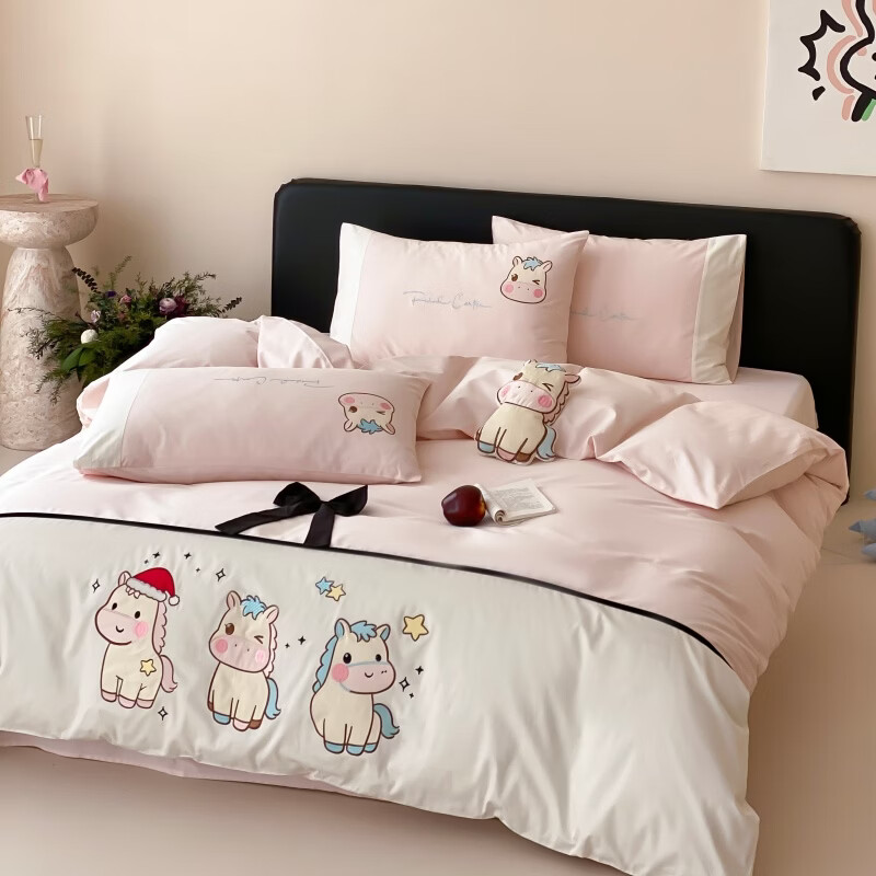 ROLAND LIVE长绒棉卡通四件套可爱风少女心被套床单全棉三件套四季床上用品 LLG 长绒棉套件-马上开心 1.2米床 床单款 【被套160*210cm】