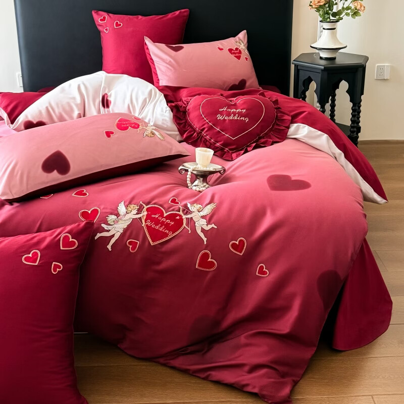 ROLAND LIVE高级感长绒棉婚庆四件套红色喜庆结婚全棉被套床单床上用品 WL长绒棉婚庆四件套-爱心天使红 1.5-1.8米床 |【被套200*230cm】