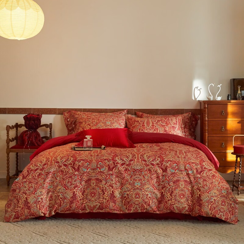 ROLAND LIVE东方婚庆长绒棉四件套红色喜庆全棉被套床单新婚铺床经典床上用品 SW 全棉婚庆四件套-佩斯利 床笠款1.8米床丨被套200*230cm