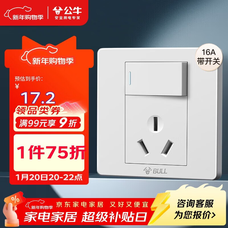 公牛（BULL）开关插座 G07系列 16A带开关插座86型插座面板 G07E204AS 象牙白