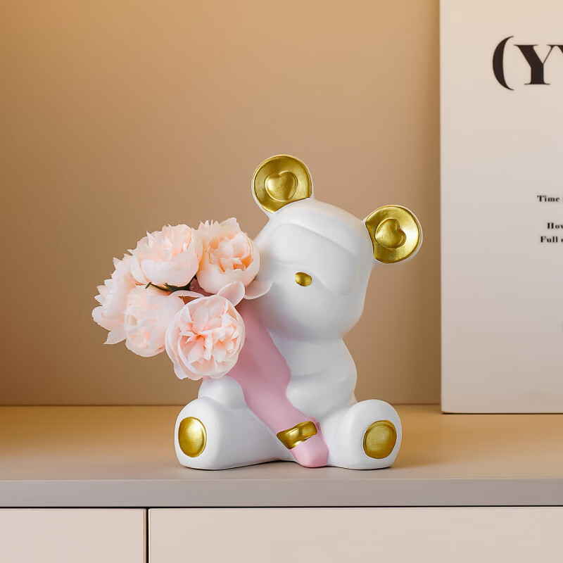 创意捧花暴力熊情绪摆件客厅玄关酒柜电视柜桌面家居装饰礼物 小熊花瓶(森绿色)送1束香槟1束粉色