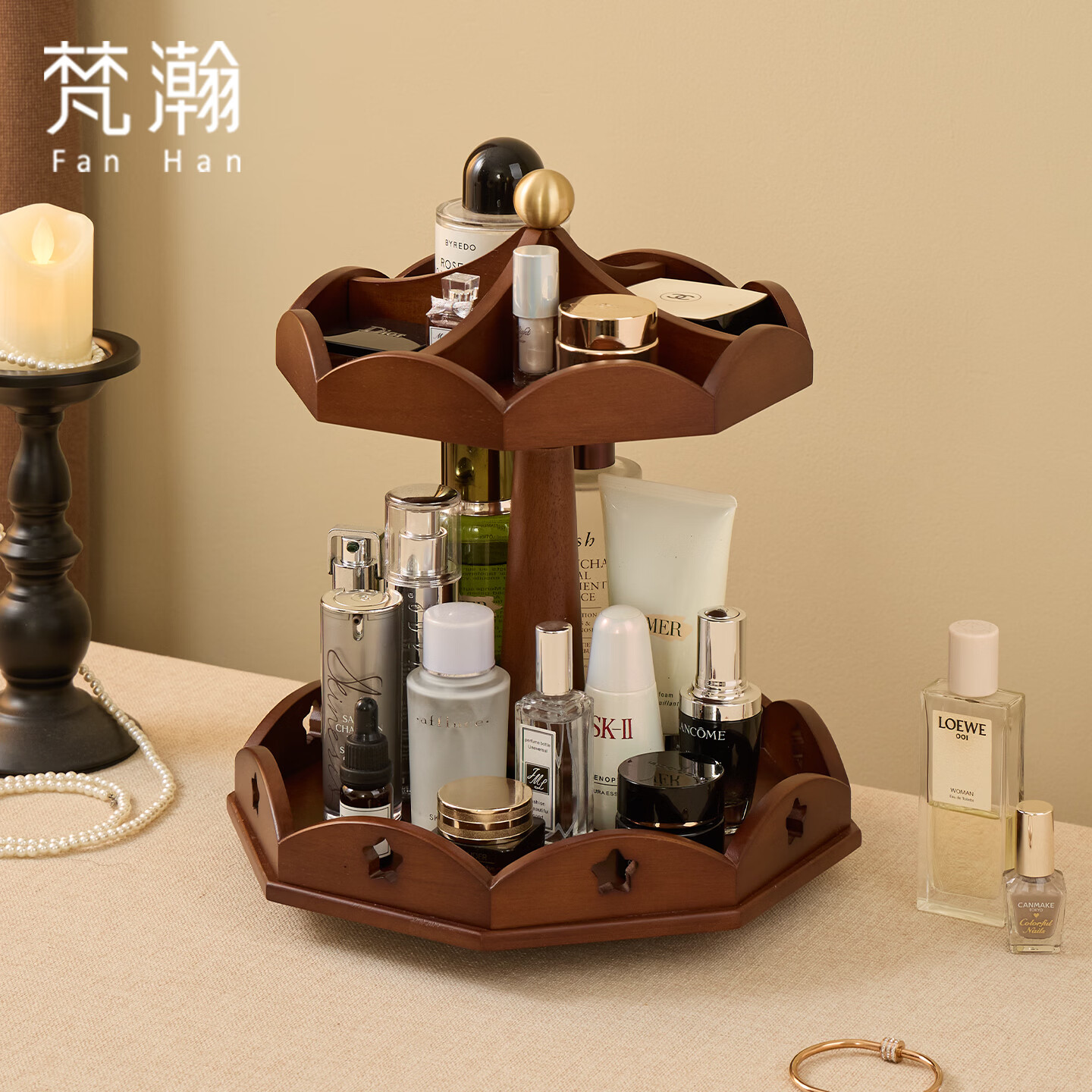 梵瀚化妆品收纳盒桌面香水展示架高档轻奢实木置物架梳妆台收纳盒 马戏团置物架 旋转款 