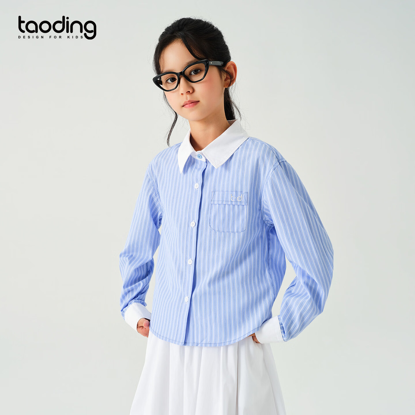 淘町女童原创经典条纹衬衫春秋2026新款大童学院风设计师刺绣上衣 蓝白条纹 撞色条纹衬衫 170 L成人款/105-120斤