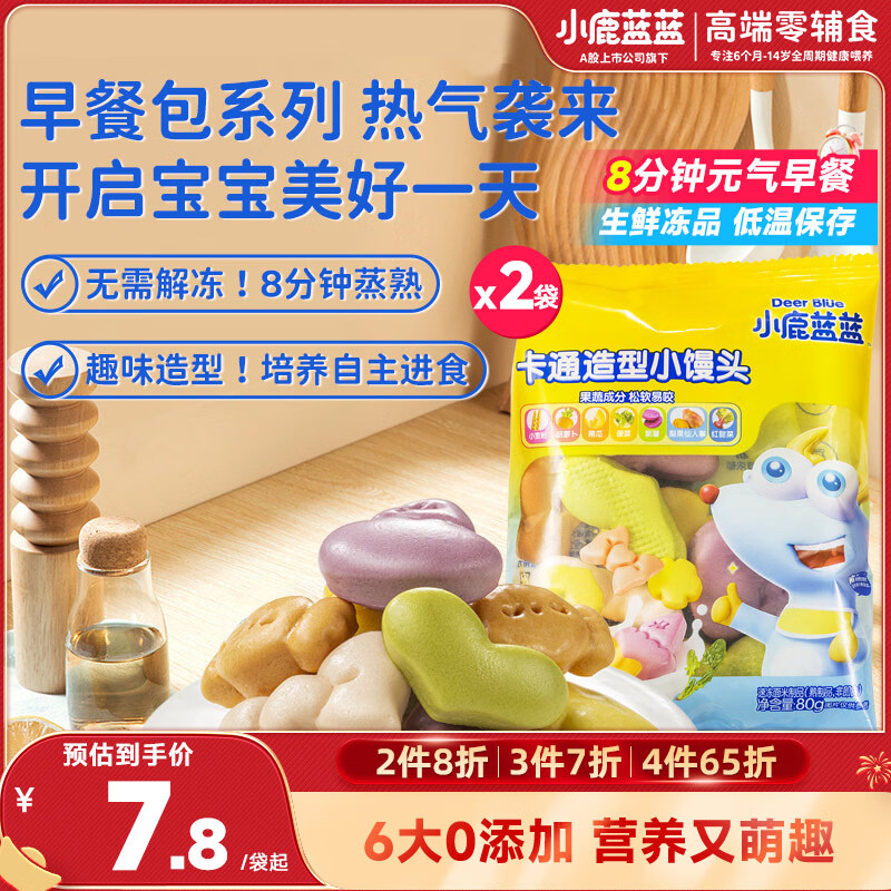 小鹿蓝蓝卡通造型小馒头 宝宝儿童早餐1岁+包子新鲜面点馒头速食速冻80g*2