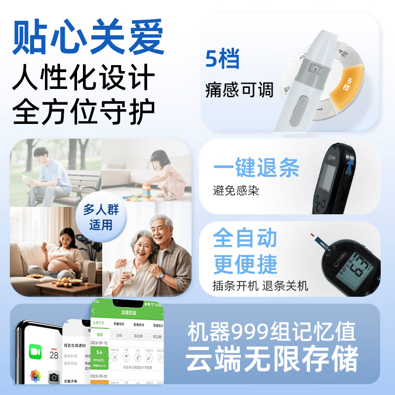 华益精点EZ-7 SIM血糖仪医用级高精准低痛测血糖仪器家用型脱氢酶血糖试纸 EZ-7 SIM血糖仪+100试纸套装