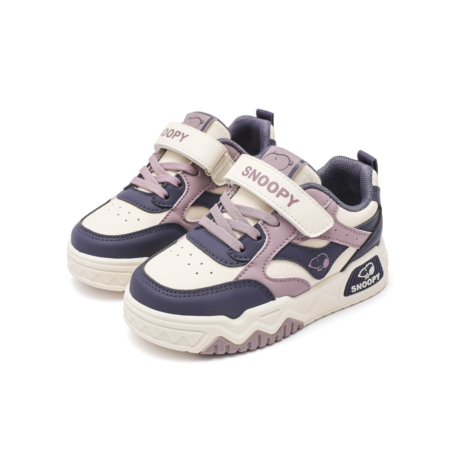史努比童鞋男童软底低帮板鞋皮面防水2026春季新款休闲百搭中大童运动鞋 米/紫 38 内长24.3/脚长23.3