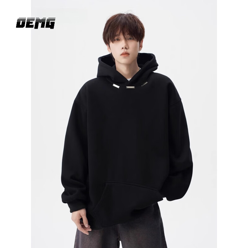 OEMG  美式重磅休闲连帽加绒加厚卫衣男士秋冬季外套宽松百搭上衣服 黑色 XL [建议110-130斤]