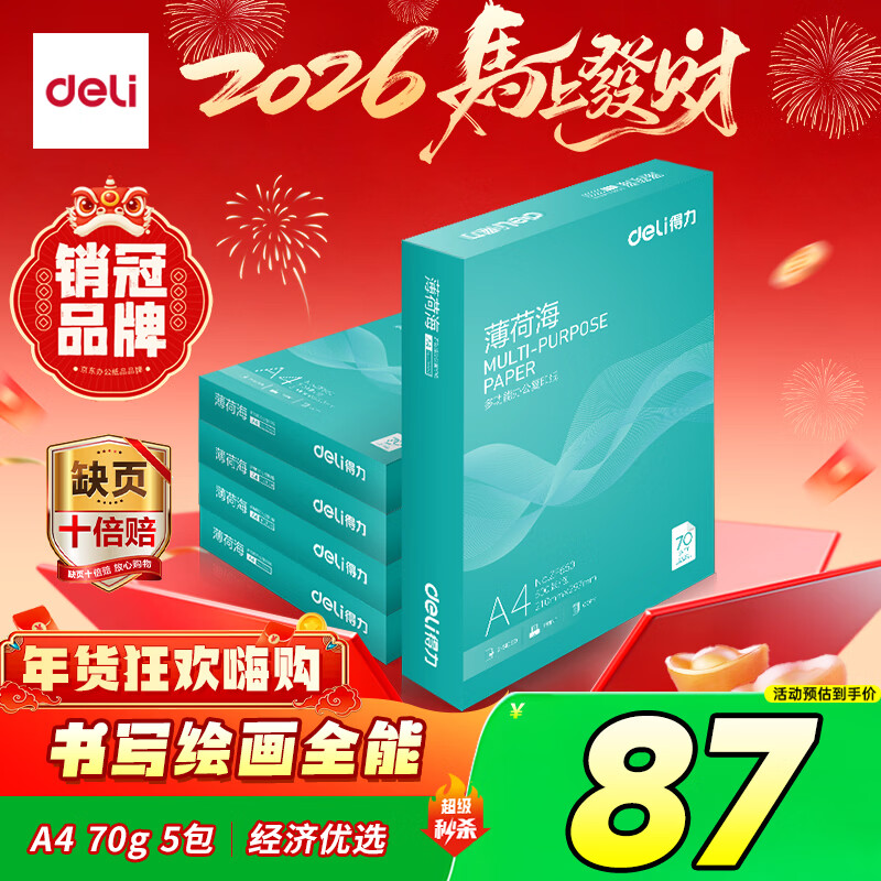 得力（deli）薄荷海A4打印纸 70g500张*5包一箱 双面复印纸 高性价比草稿纸 整箱2500张ZF662【人气新品】