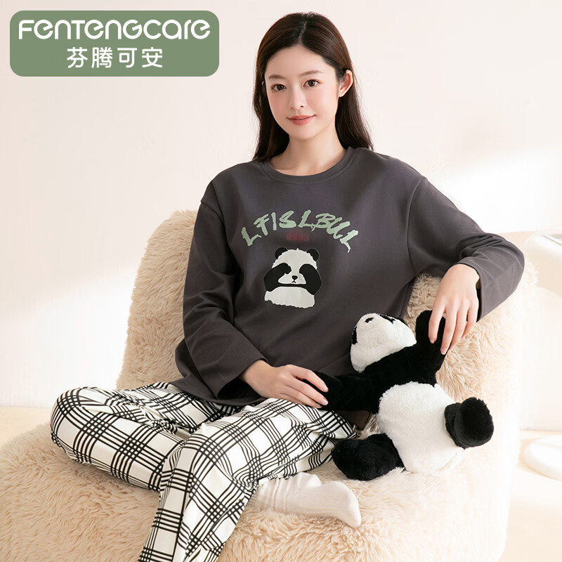 芬腾可安(FENTENGCARE)睡衣情侣【100%纯棉】秋季熊猫卡通圆领外穿长袖男女家居服套装 深灰-女款 L