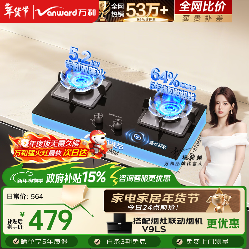 万和【蓝莲花B9L50】5.2kW天然气猛火64%热效率以旧换新嵌入式家用煤气双炉具台燃气灶