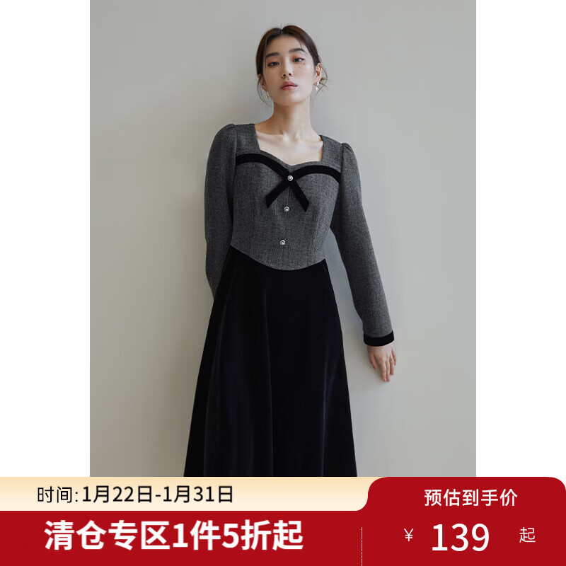 独束大码女装法式优雅撞色连衣裙冬新款复古方领微胖mm中长款裙子 灰黑色 M