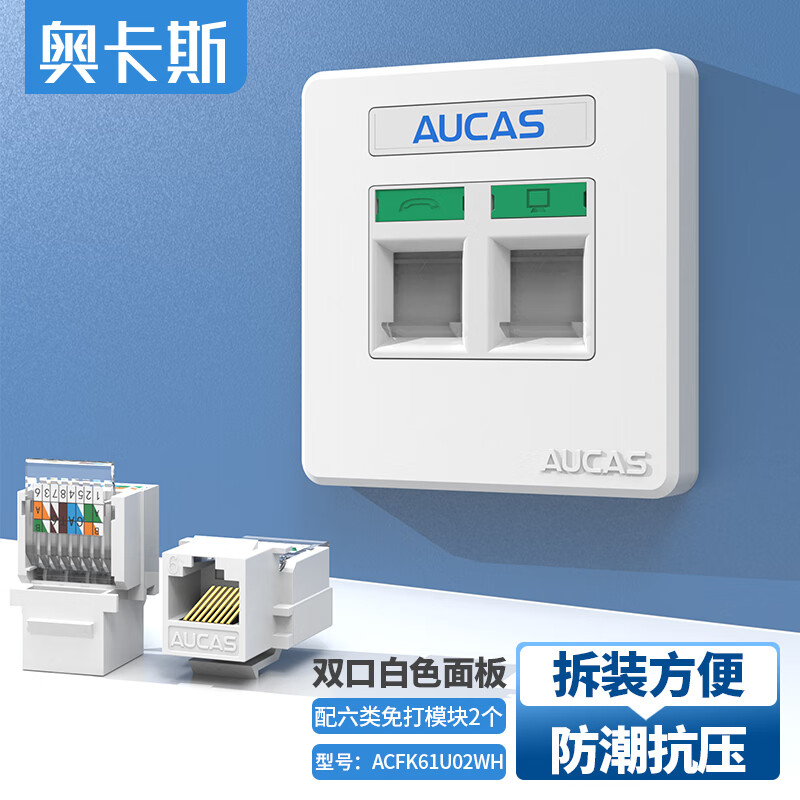 奥卡斯（AUCAS）双口网络面板 加厚86型防尘电脑网线插座接口 双口面板+2个六类免打模块 白色 ACFK61U02WH