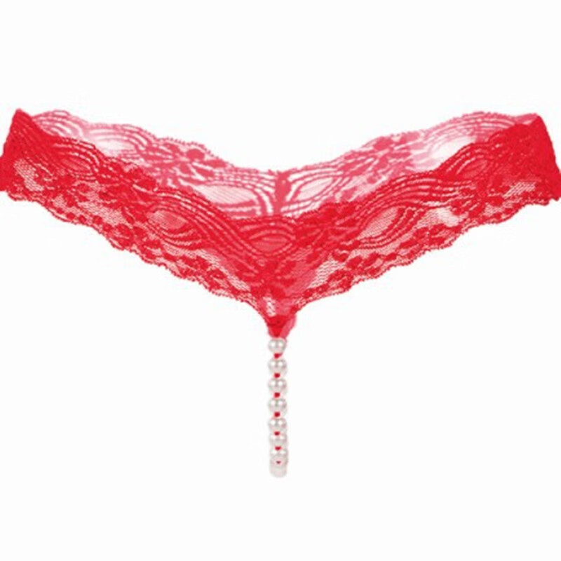 GEEZORO珍珠链镂空蕾丝三角内裤女性感纯欲透明低腰 男友生日情人节礼物 红色 均码
