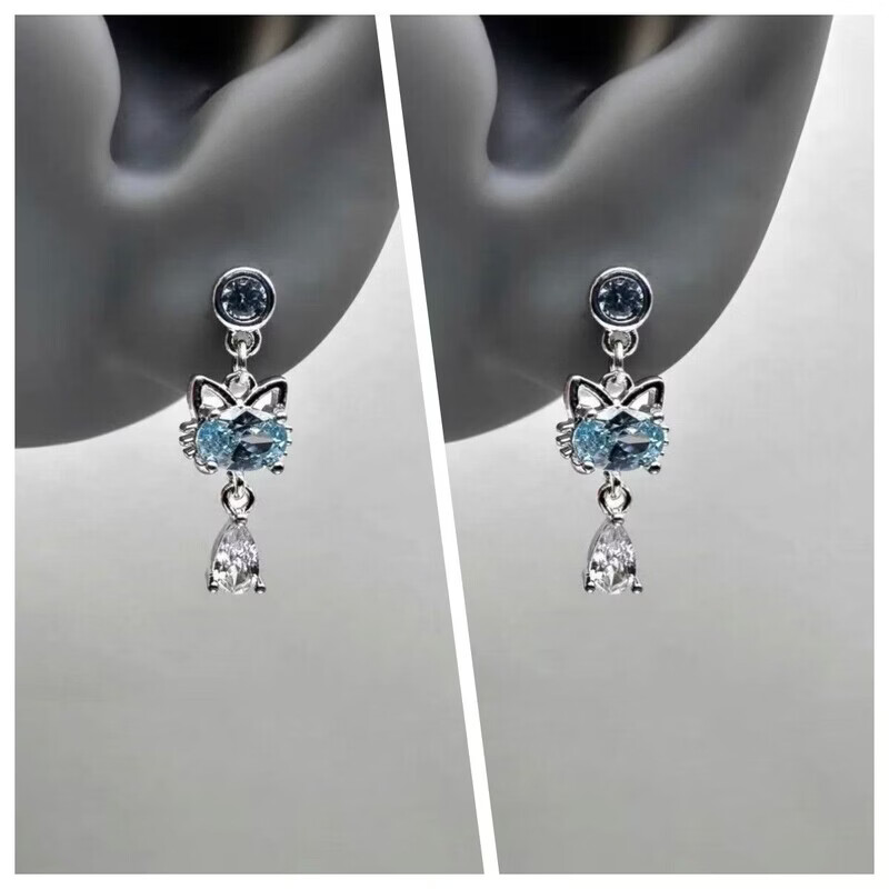 KZD老凤凰Vintage古着灵猫钛钢耳骨钉小众设计独特ins风猫咪吊坠耳饰 灵猫钛钢螺旋钉【一对】蓝色