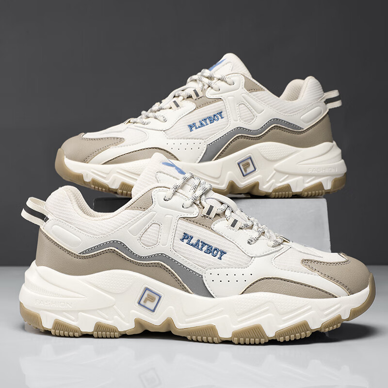 playboy花花公子休闲鞋男鞋时尚老爹鞋耐磨厚底增高运动跑步鞋男 杏白 43