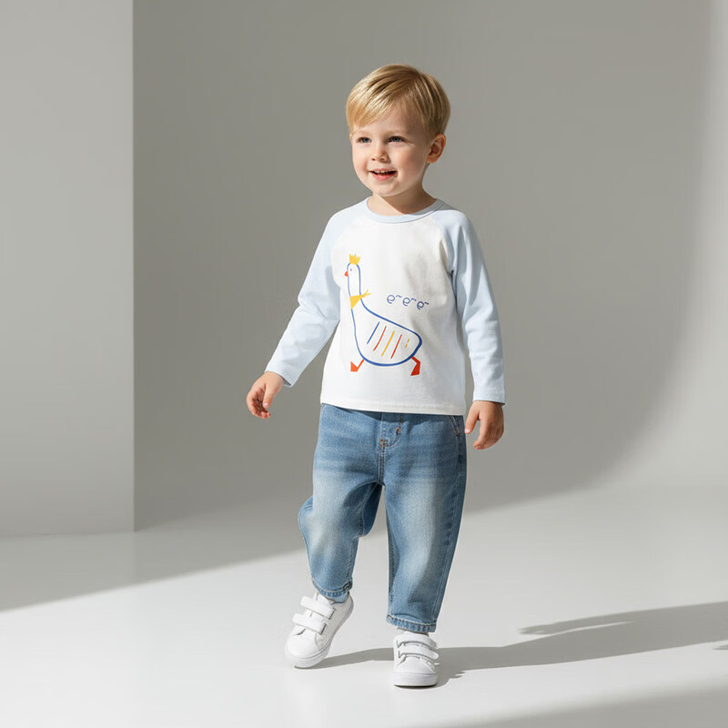 小猪大卫 PECODAVID小猪大卫春秋宝宝圆领长袖T恤打底衫纯棉单上衣裤子秋衣秋裤1-3岁 蓝色袖鹅鹅鹅 上衣 100