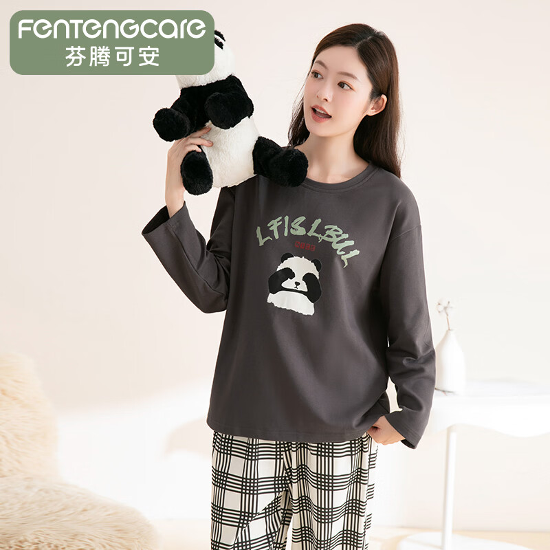 芬腾可安(FENTENGCARE)睡衣情侣【100%纯棉】秋季熊猫卡通圆领外穿长袖男女家居服套装 深灰-女款 L