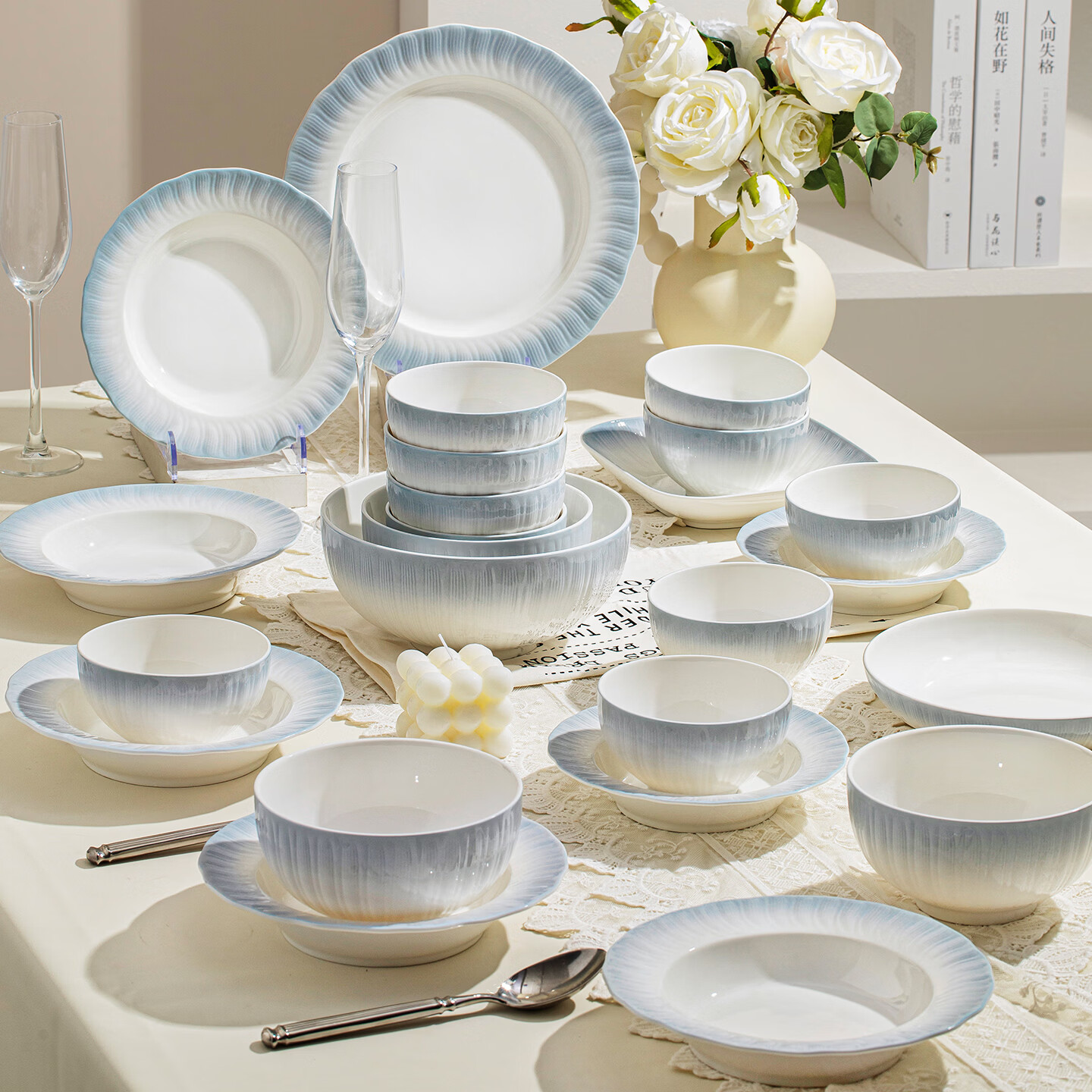 精缔陶瓷JINGDI釉下彩2025碗碟套装家用高颜值餐具套装简约陶瓷碗盘碗筷乔迁送礼 【店长推荐】釉下彩简约风素雅10人食66件 (送砂锅）