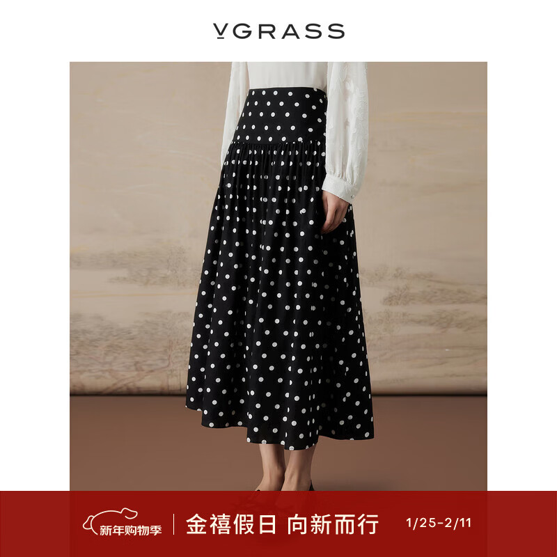 VGRASS桑蚕丝棉波点蓬松半身裙春秋新款立体细褶显瘦A字半身长裙 黑白波点色 S