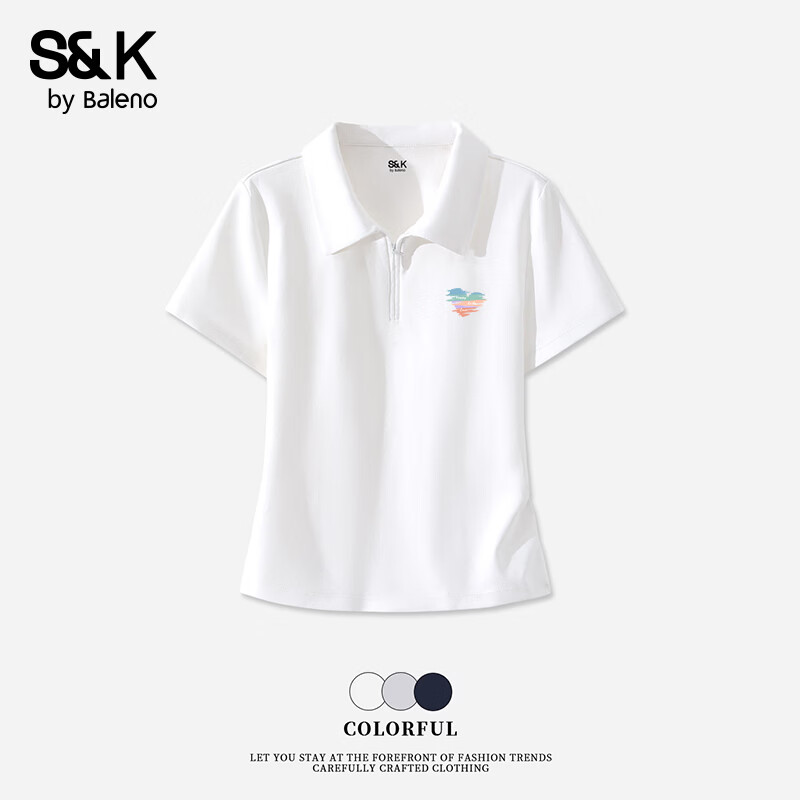 班尼路S&amp;K系列短袖t恤女夏季新款polo衫半拉链设计感修身内搭女士上衣服 白#叠色爱心k 【收褶显瘦】 XL
