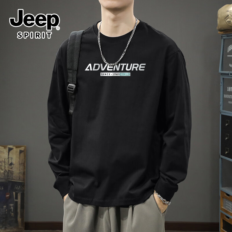 JEEP SPIRIT吉普重磅美式长袖男秋季纯棉透气户外休闲上衣百搭高街韩系t恤男