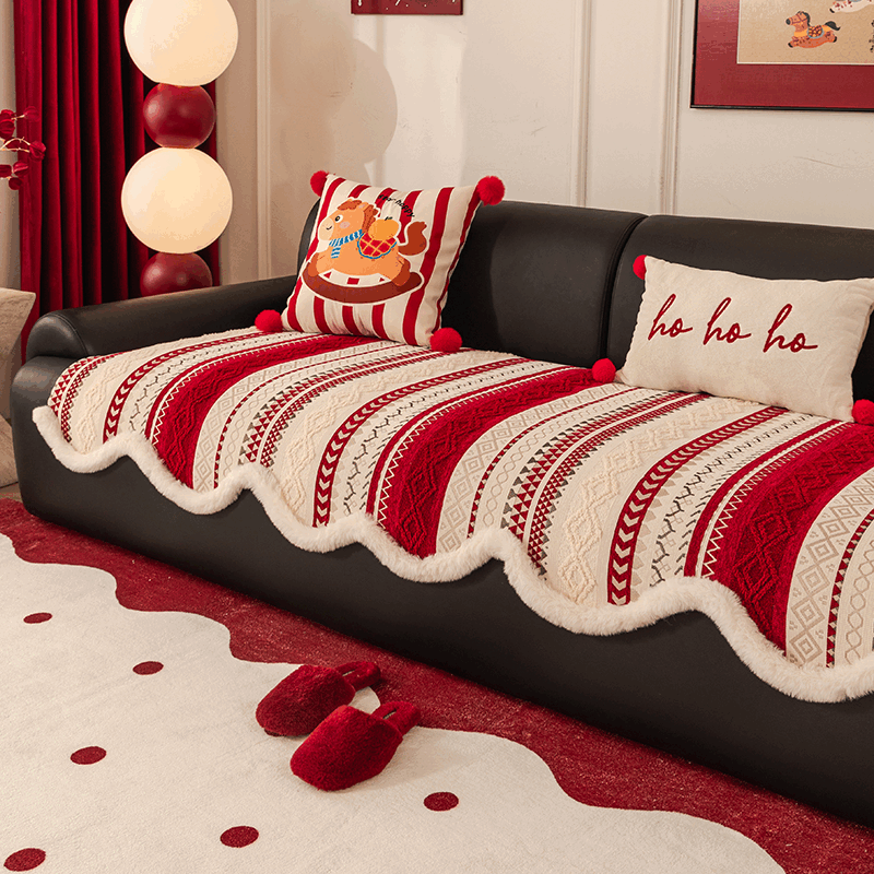 ALPLUME新年喜庆沙发垫2026新款节日氛围感红色坐垫高级感防滑防猫抓盖布 雪绒-红色 三人位 【一片】90*210cm三人位