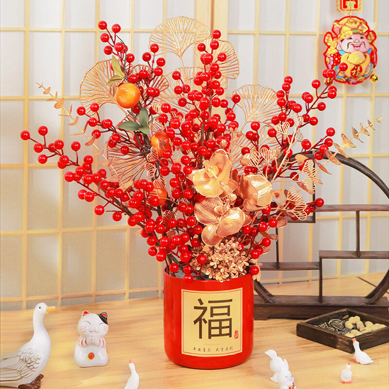 欢喜庆2026马年发财果福桶过年客厅红果抱抱桶摆件装饰布置用品年宵花 【福气盈门】成品福桶摆件