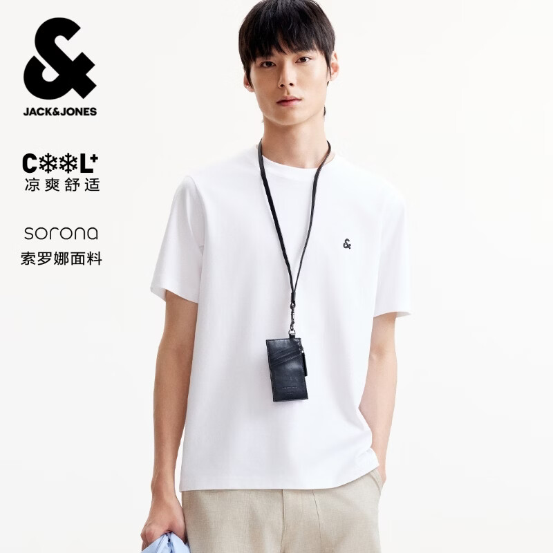 杰克·琼斯（JACK&amp;JONES）【凉感】男装春季T恤上衣百搭多色LOGO刺绣圆领短袖226101109 A06本白色 M （175）